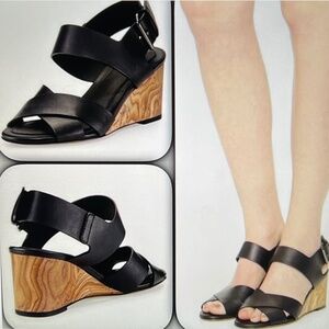 VINCE GWYN Wooden Wedge Wide Strap Sandals Black Leather Sz 6M
